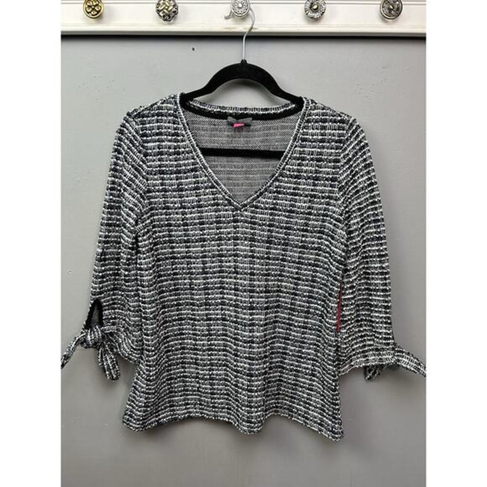 Vince Camuto V-Neck Tweed Sweater Womens‎ Small 3/4 Sleeve Tie Cuffs Top New